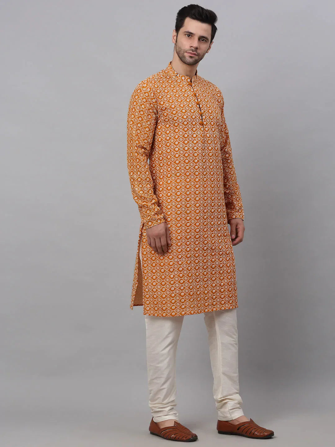 Jompers Men's Mustard & White Embroidered Straight Kurta Pyjama Set
