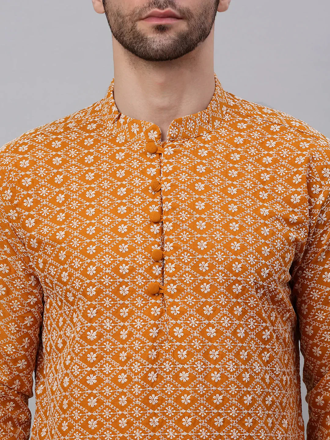 Jompers Men's Mustard & White Embroidered Straight Kurta Pyjama Set