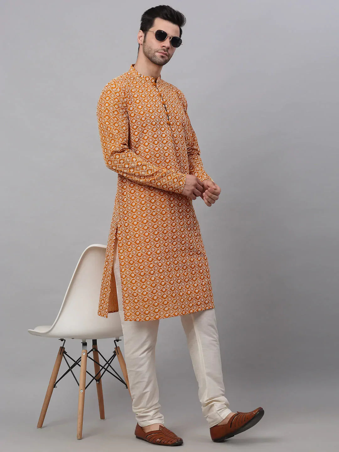 Jompers Men's Mustard & White Embroidered Straight Kurta Pyjama Set