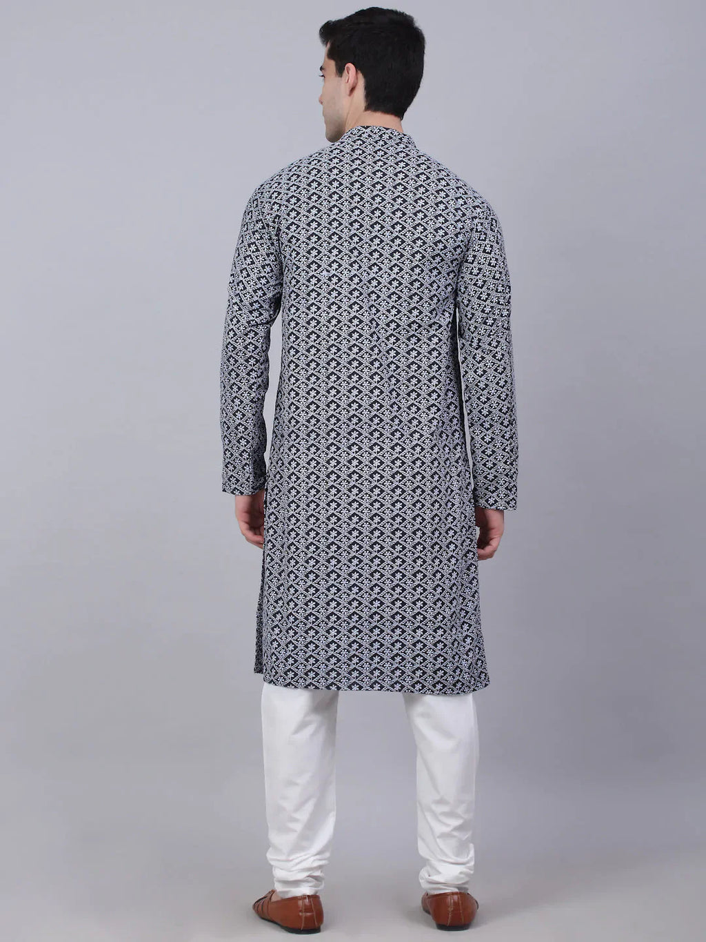 Jompers Men's Navy Blue & White embroidered Straight Kurta Pyjama Set
