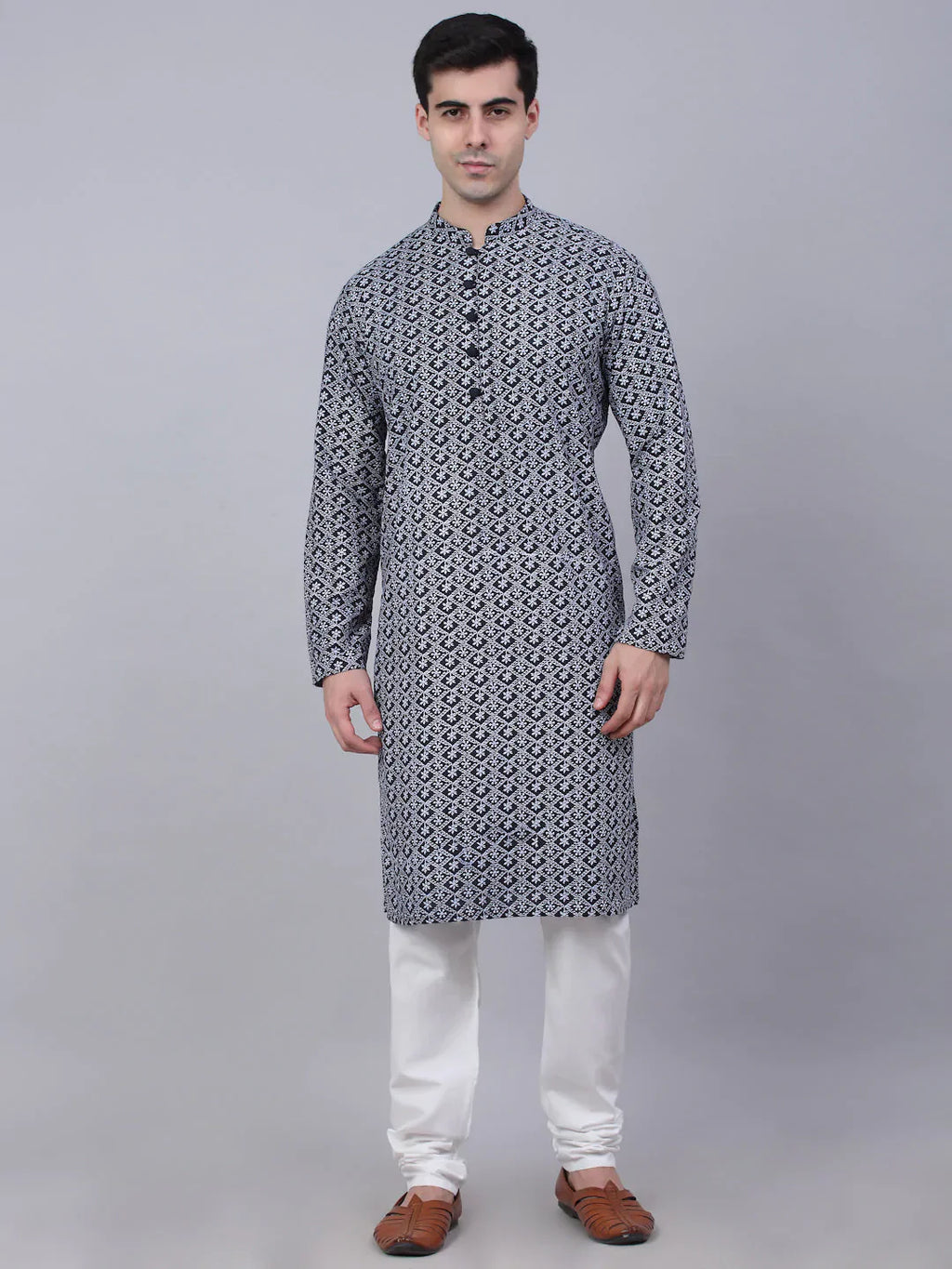 Jompers Men's Navy Blue & White embroidered Straight Kurta Pyjama Set