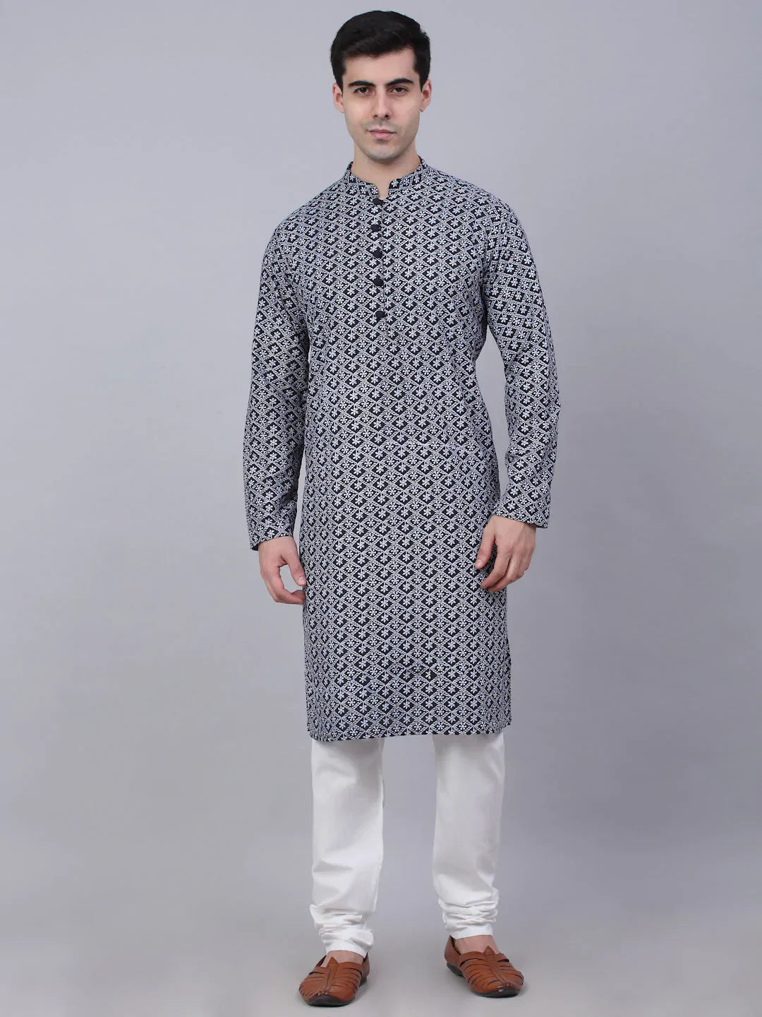 Jompers Men's Navy Blue & White embroidered Straight Kurta Pyjama Set