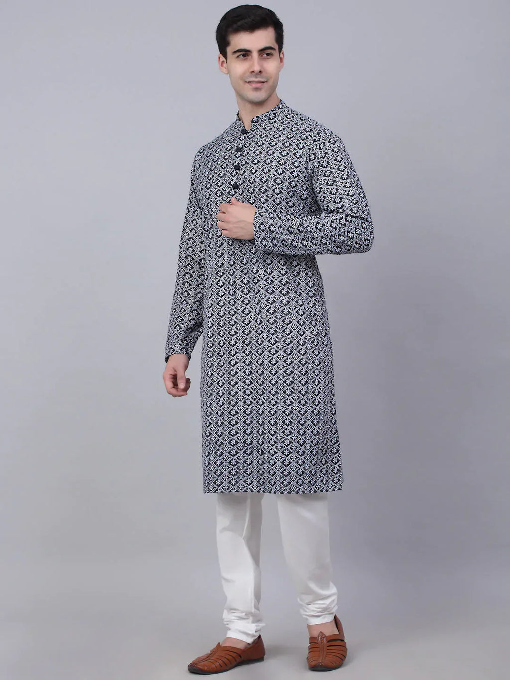 Jompers Men's Navy Blue & White embroidered Straight Kurta Pyjama Set