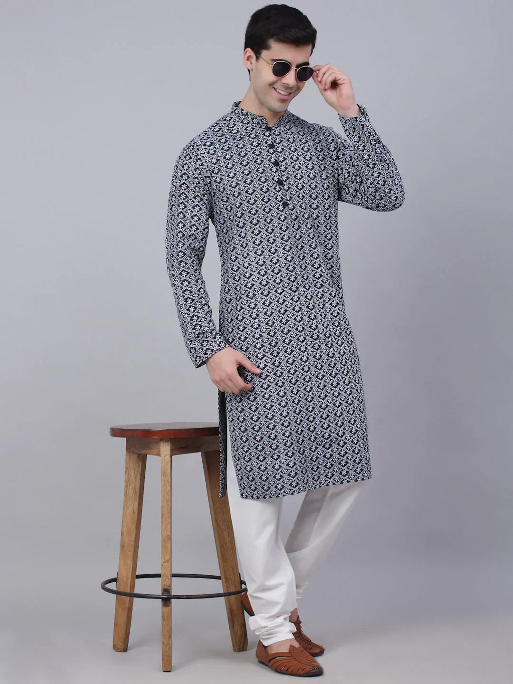 Jompers Men's Navy Blue & White embroidered Straight Kurta Pyjama Set