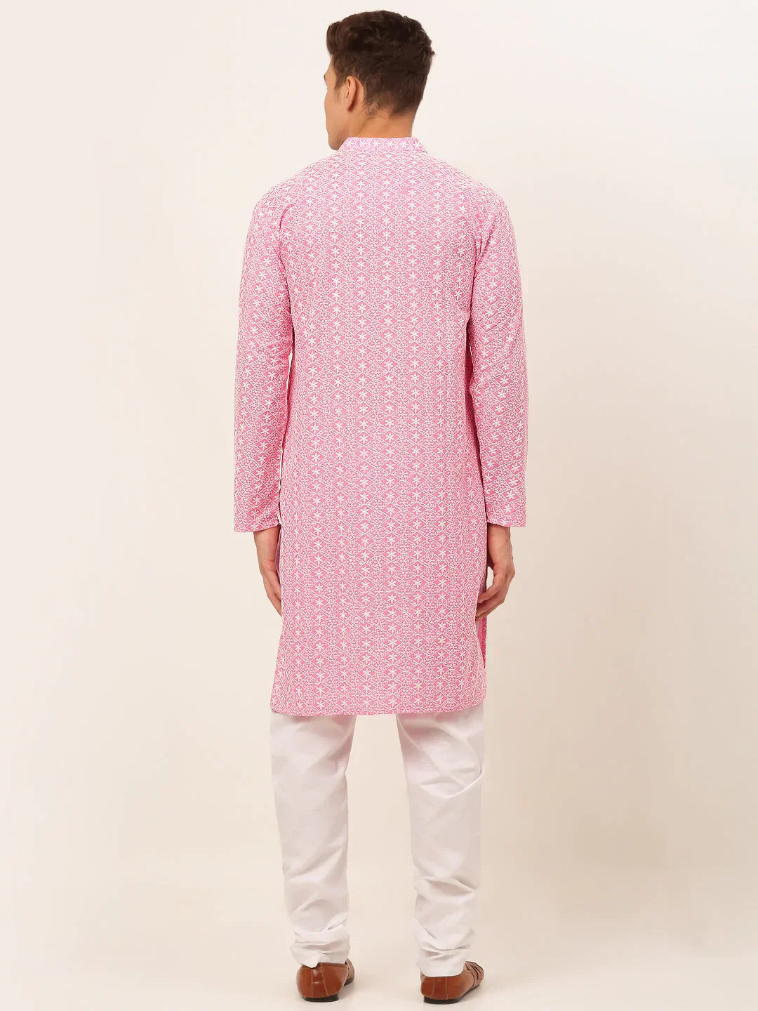 Jompers Men's Pink & White Embroidered Straight Kurta Pyjama Set