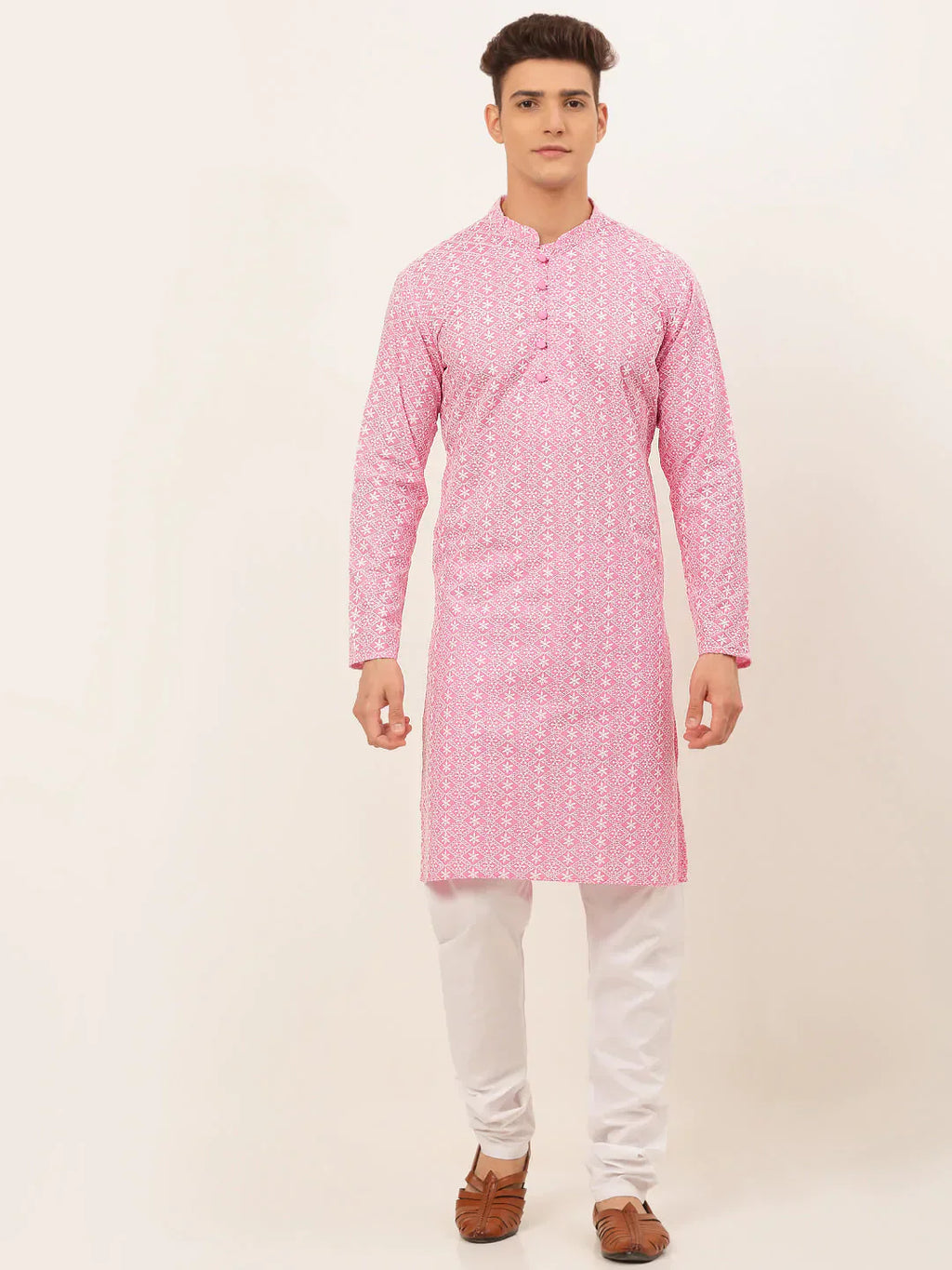 Jompers Men's Pink & White Embroidered Straight Kurta Pyjama Set