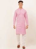 Jompers Men's Pink & White Embroidered Straight Kurta Pyjama Set