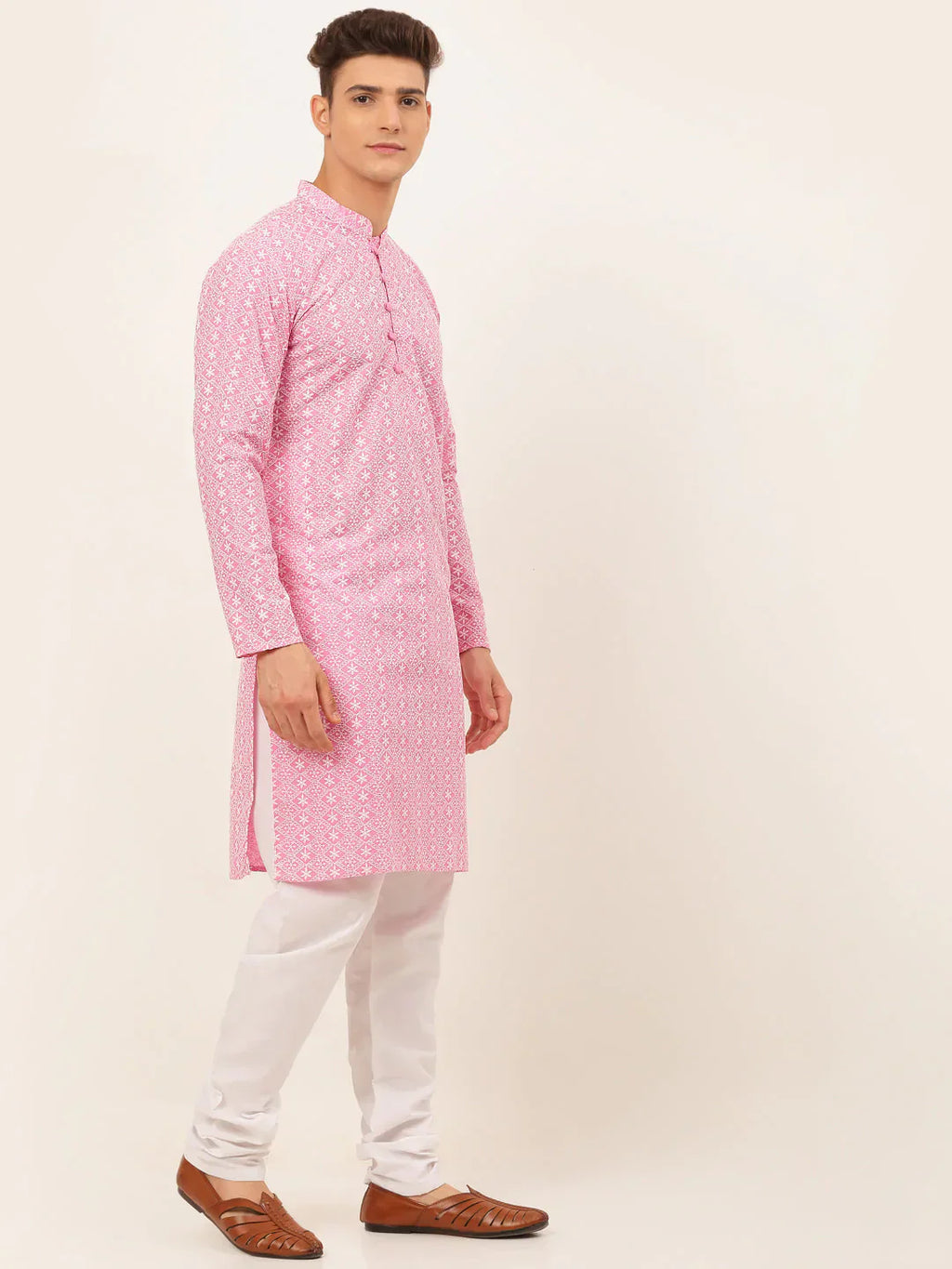 Jompers Men's Pink & White Embroidered Straight Kurta Pyjama Set