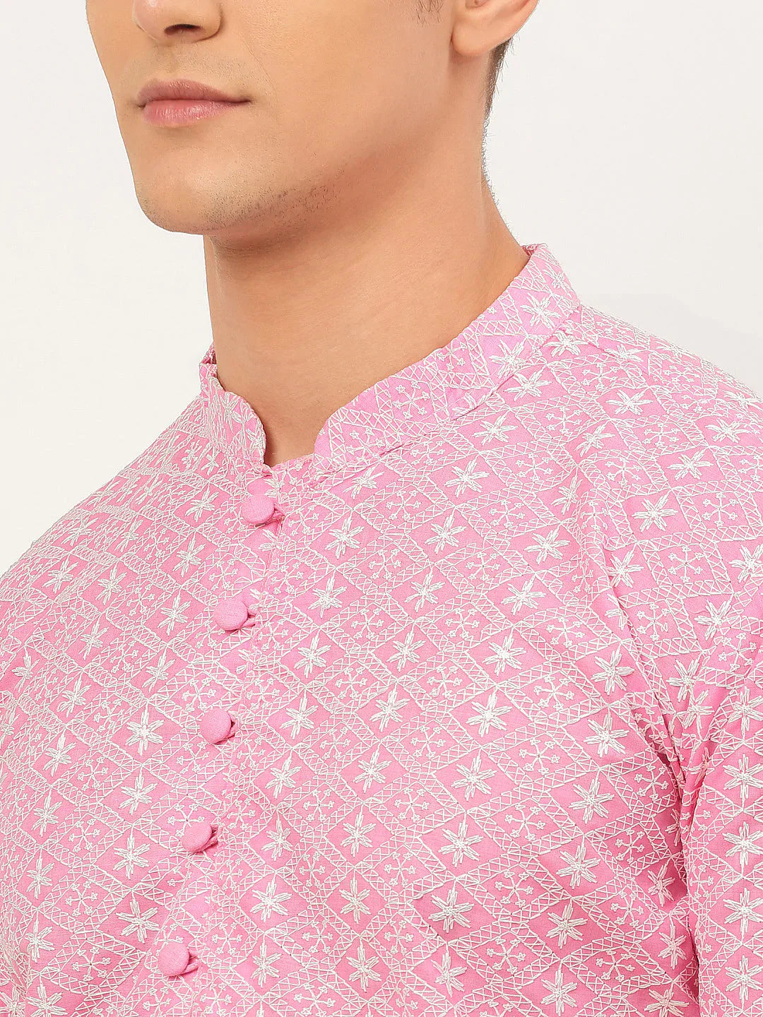 Jompers Men's Pink & White Embroidered Straight Kurta Pyjama Set