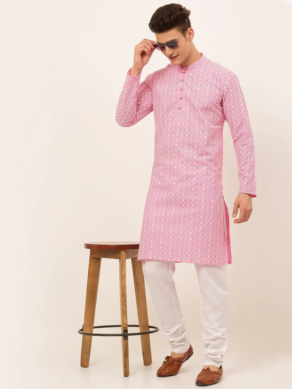 Jompers Men's Pink & White Embroidered Straight Kurta Pyjama Set