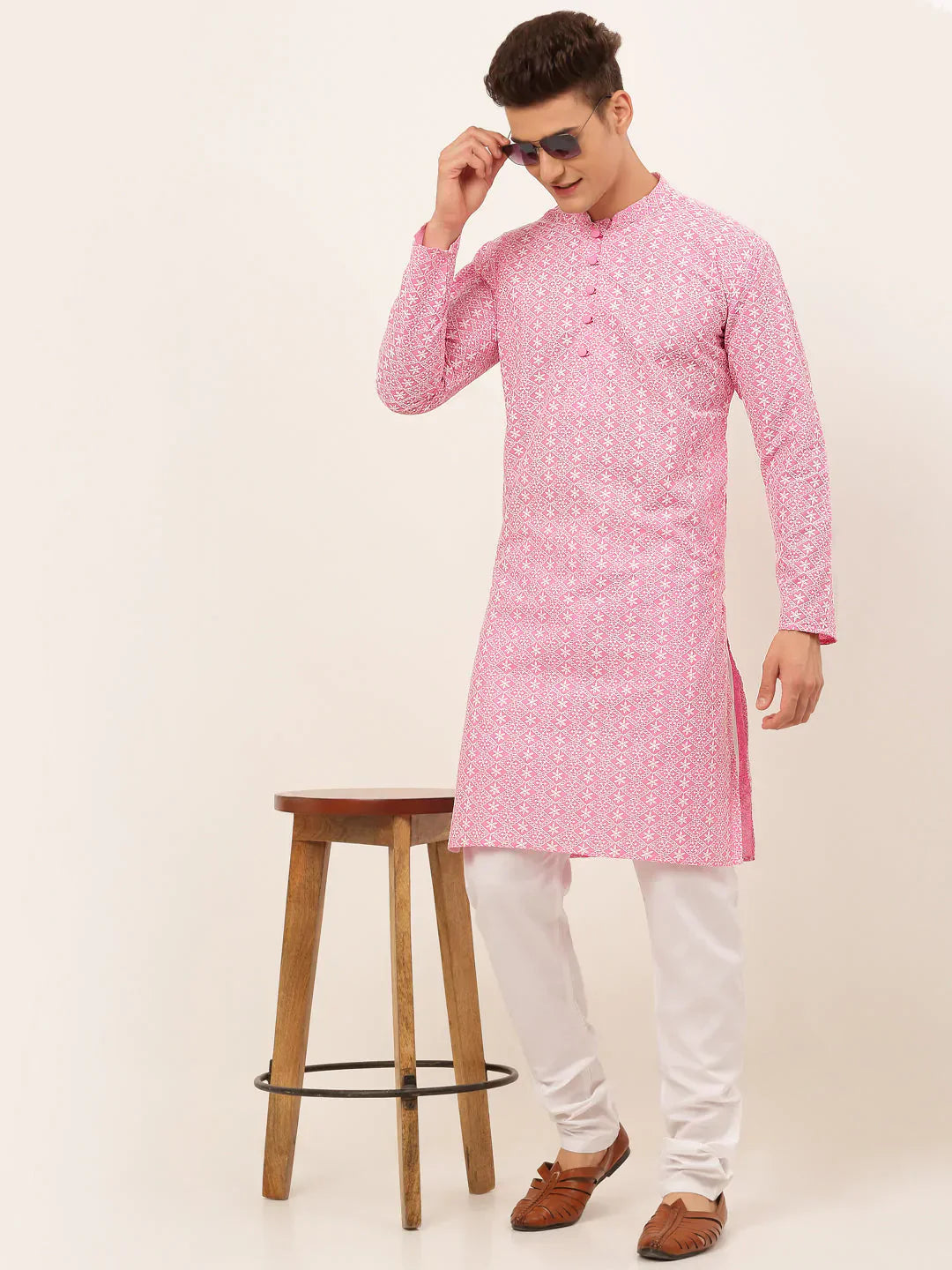 Jompers Men's Pink & White Embroidered Straight Kurta Pyjama Set