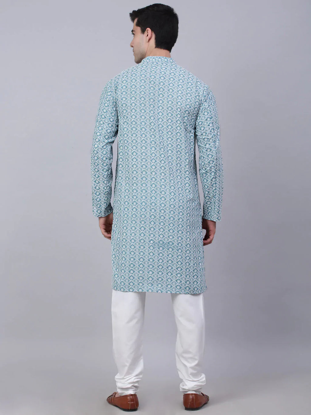 Jompers Men's Teal Blue & White embroidered Straight Kurta Pyjama Set