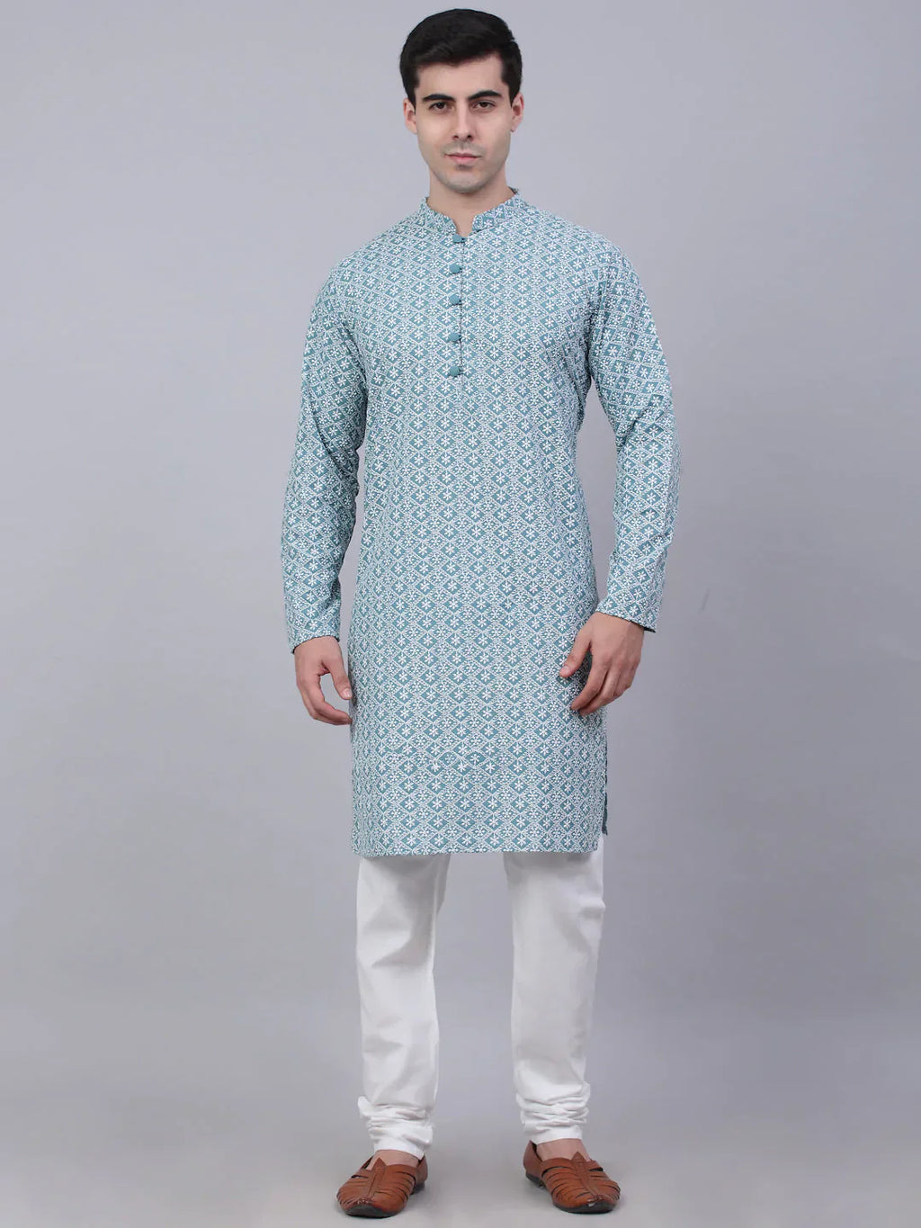 Jompers Men's Teal Blue & White embroidered Straight Kurta Pyjama Set
