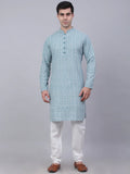 Jompers Men's Teal Blue & White embroidered Straight Kurta Pyjama Set