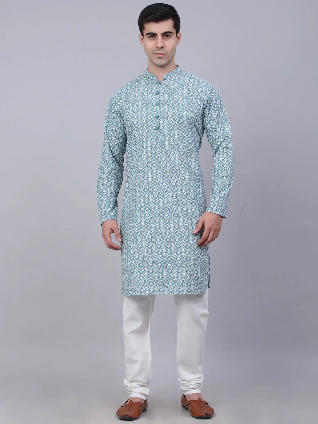 Jompers Men's Teal Blue & White embroidered Straight Kurta Pyjama Set