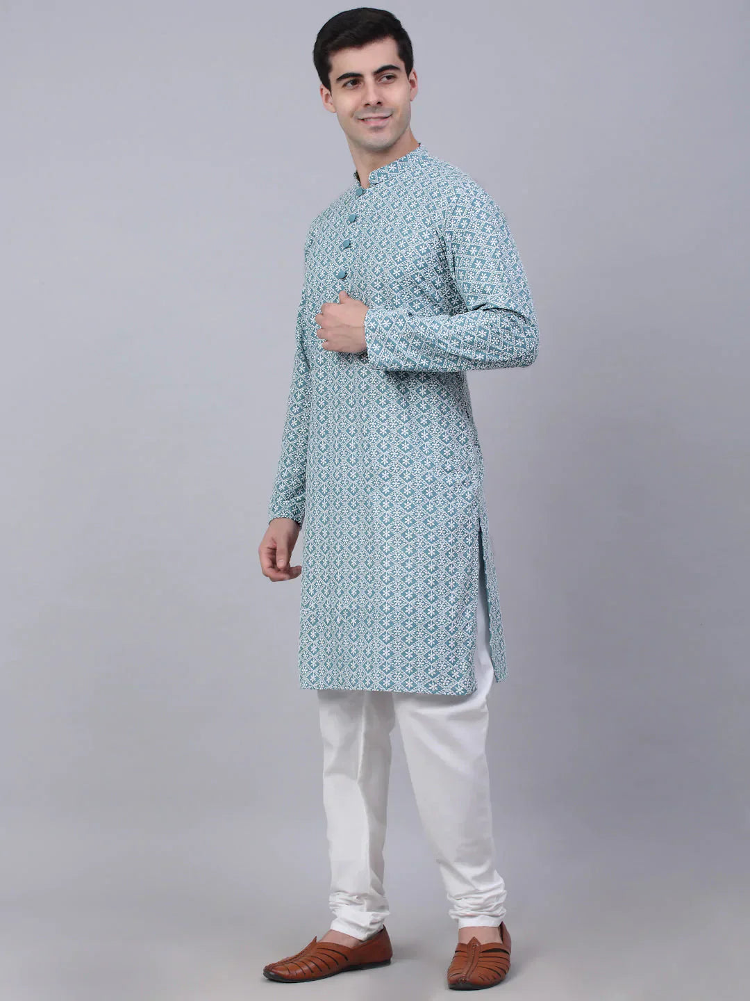 Jompers Men's Teal Blue & White embroidered Straight Kurta Pyjama Set