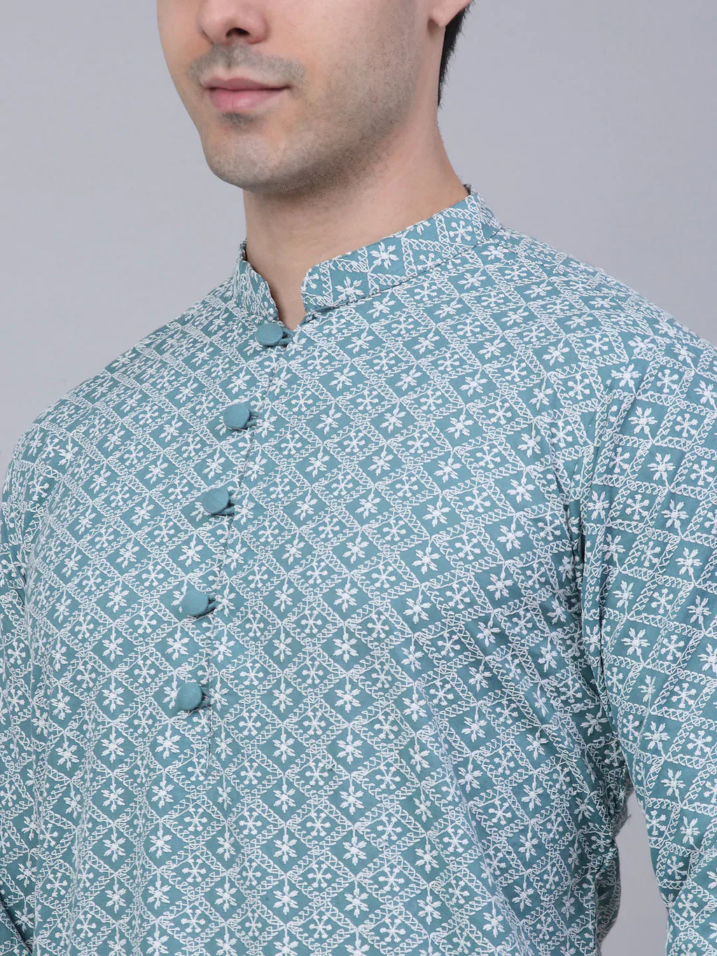 Jompers Men's Teal Blue & White embroidered Straight Kurta Pyjama Set