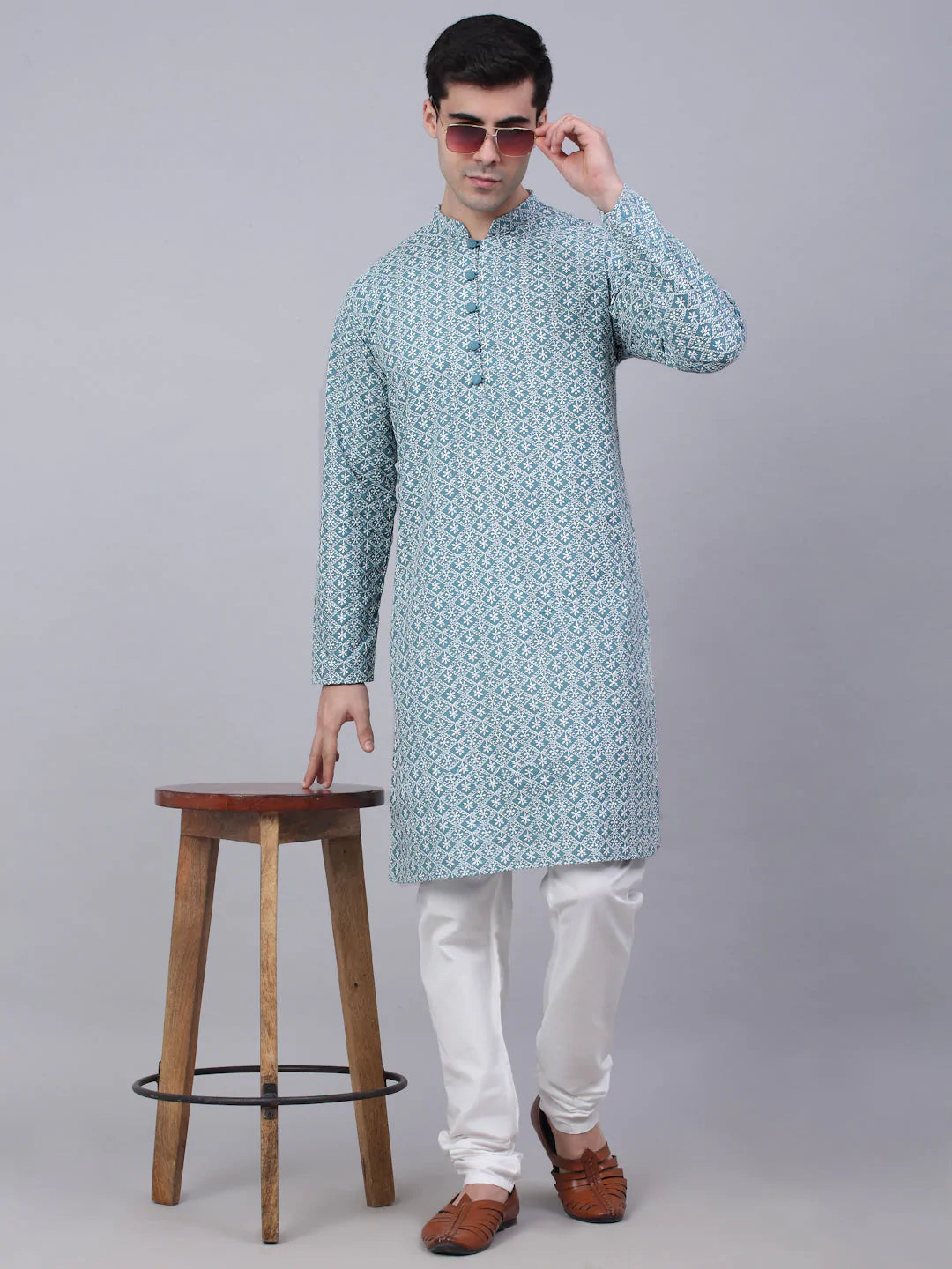Jompers Men's Teal Blue & White embroidered Straight Kurta Pyjama Set