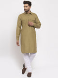 Jompers Men Olive Green Solid Kurta with White Pyjamas
