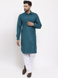 Jompers Men Teal Solid Kurta with White Pyjamas