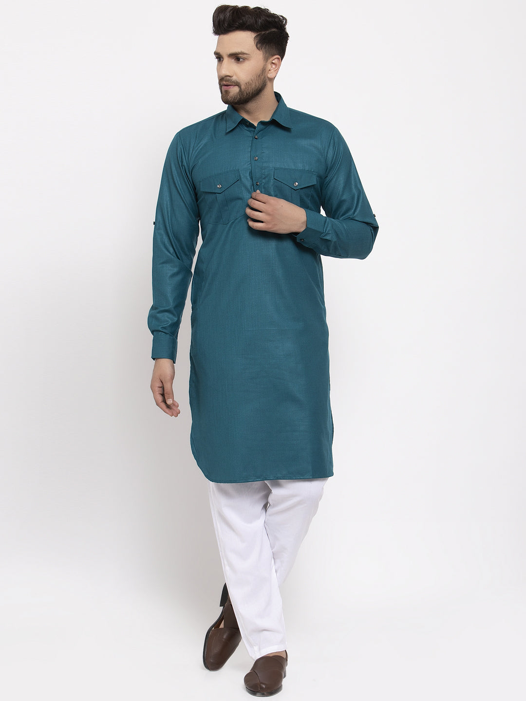 Jompers Men Teal Solid Kurta with White Pyjamas