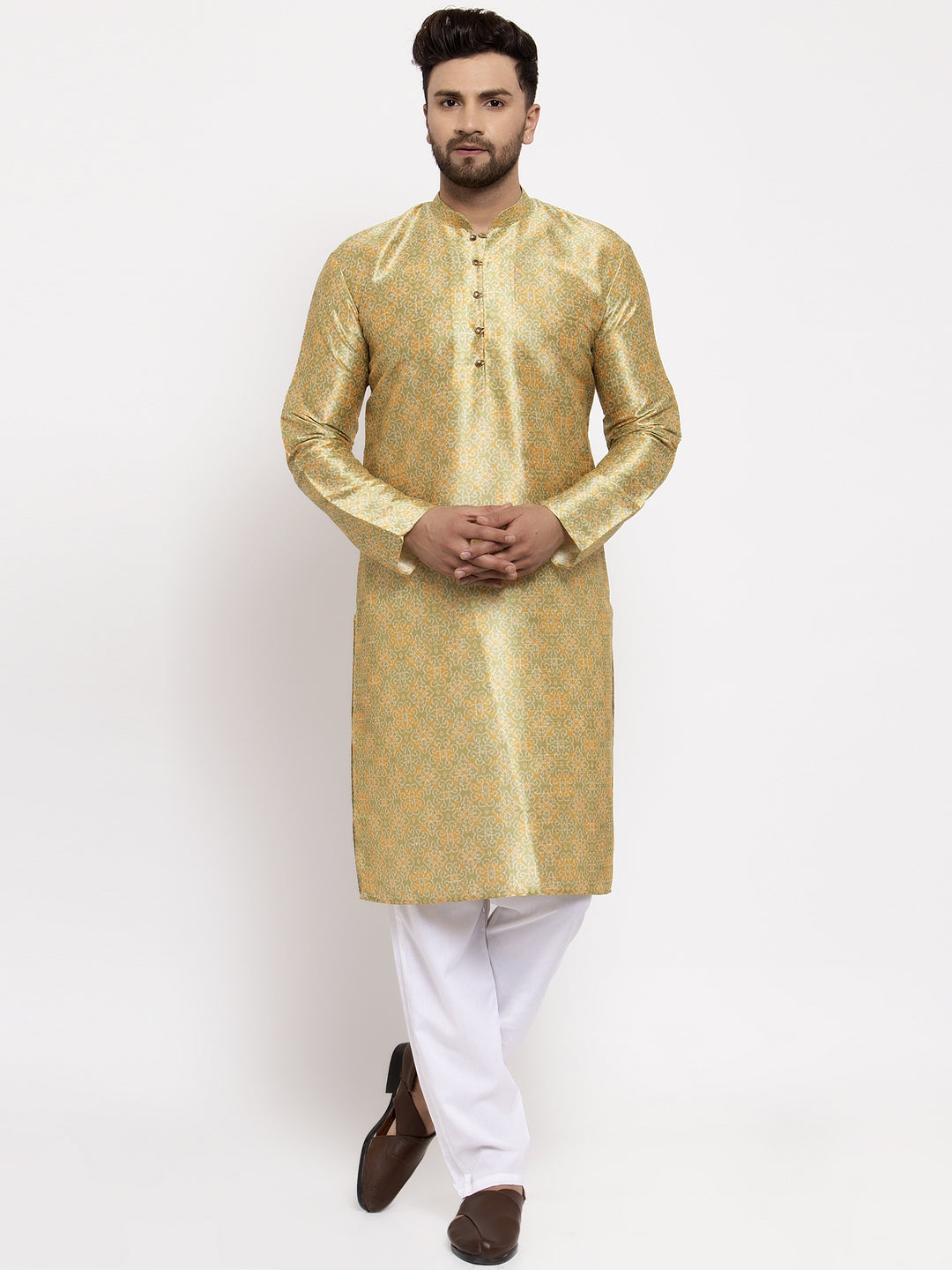 Jompers Men Green & Gold-Toned Woven Design Kurta with Pyjamas