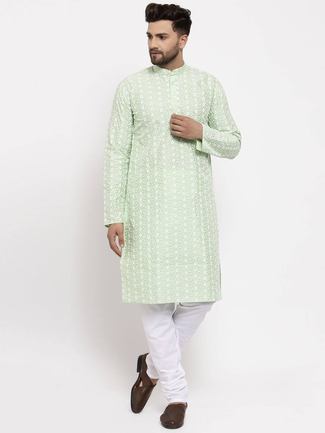 Jompers Men Mint Green Embroidered Kurta with Pyjamas