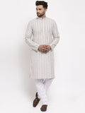 Jompers Men Light Grey Embroidered Kurta with Pyjamas