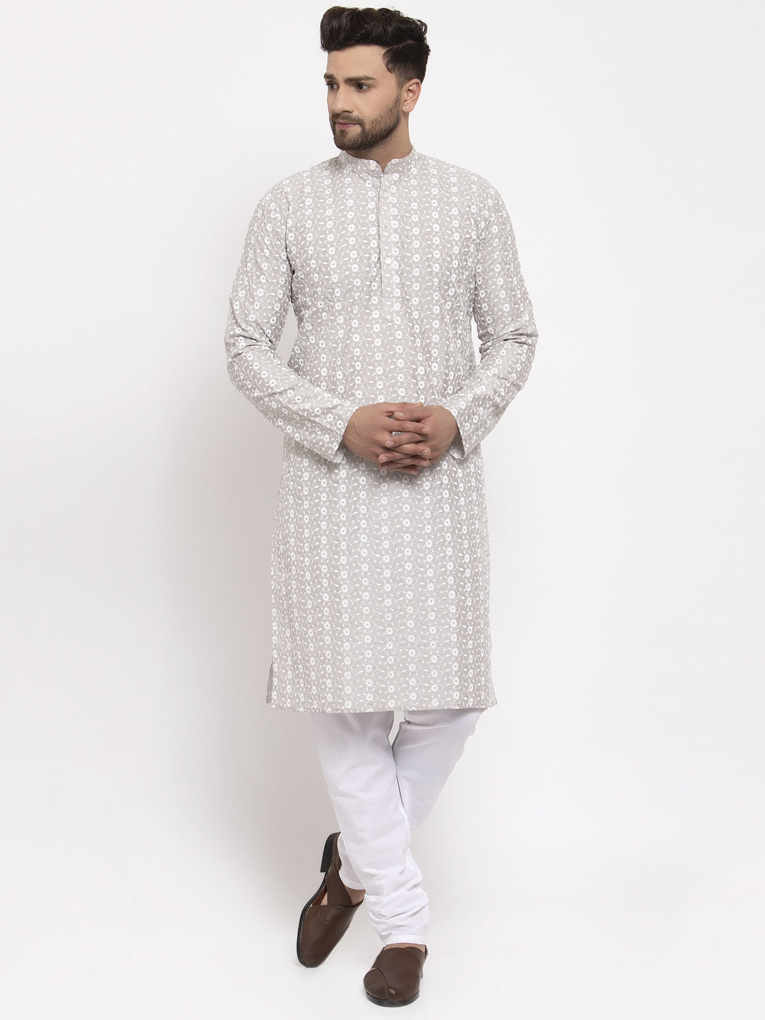 Jompers Men Light Grey Embroidered Kurta with Pyjamas