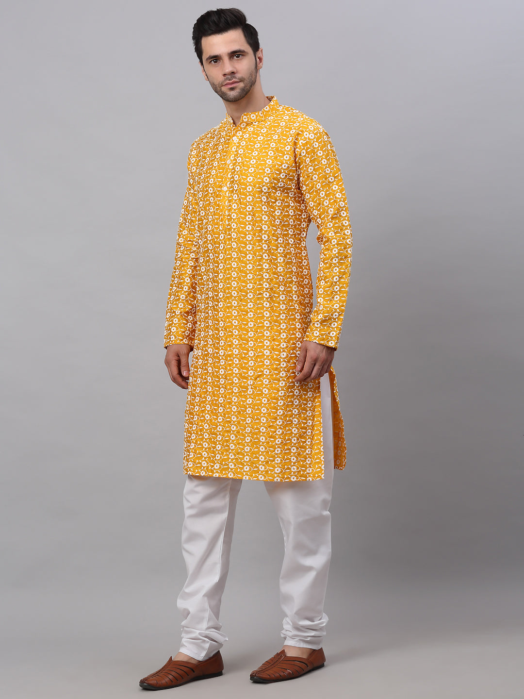 Jompers Men's Mustard Embroidered Kurta with Pyjamas