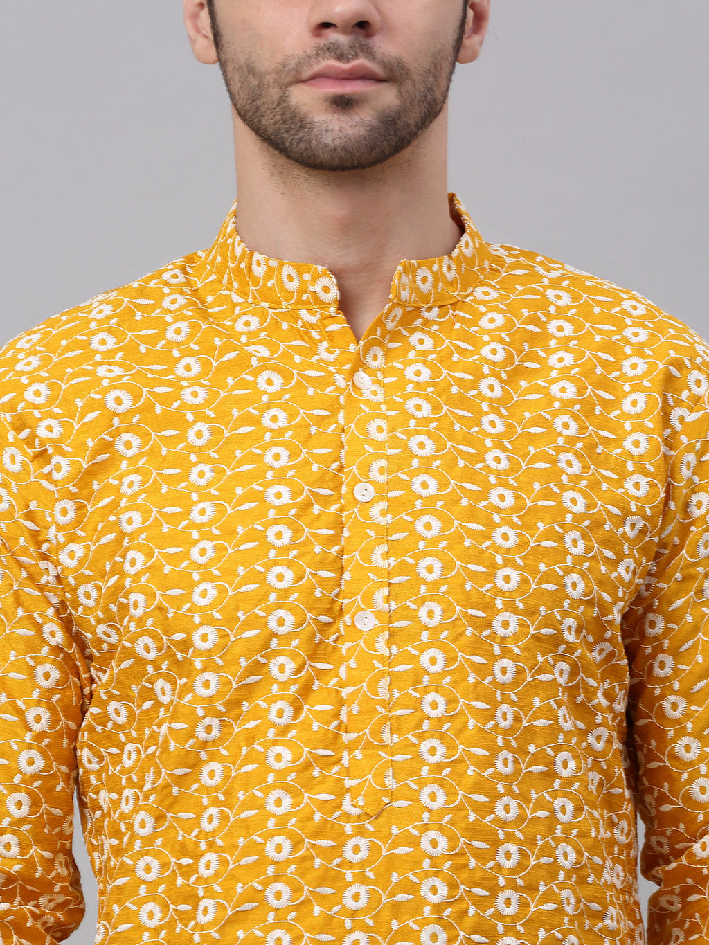 Jompers Men's Mustard Embroidered Kurta with Pyjamas