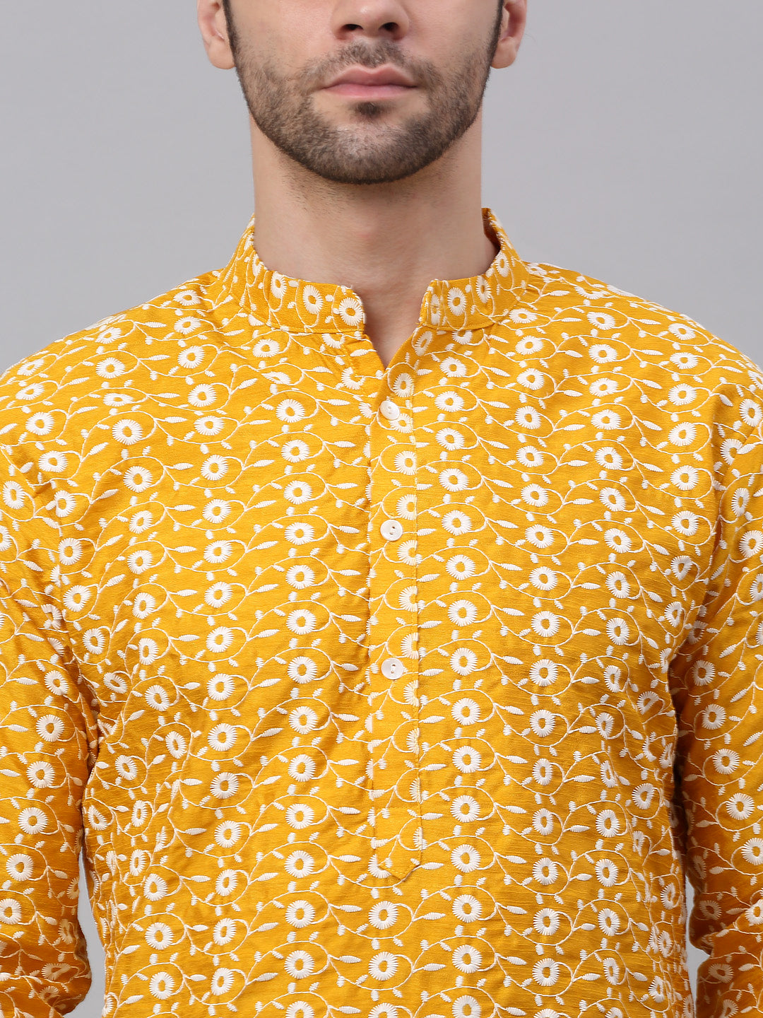 Jompers Men's Mustard Embroidered Kurta with Pyjamas