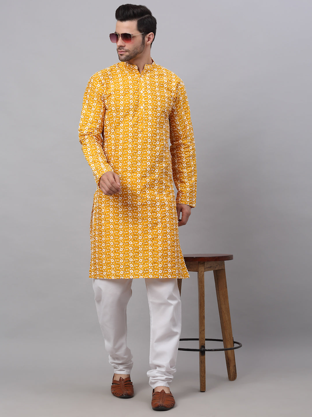 Jompers Men's Mustard Embroidered Kurta with Pyjamas