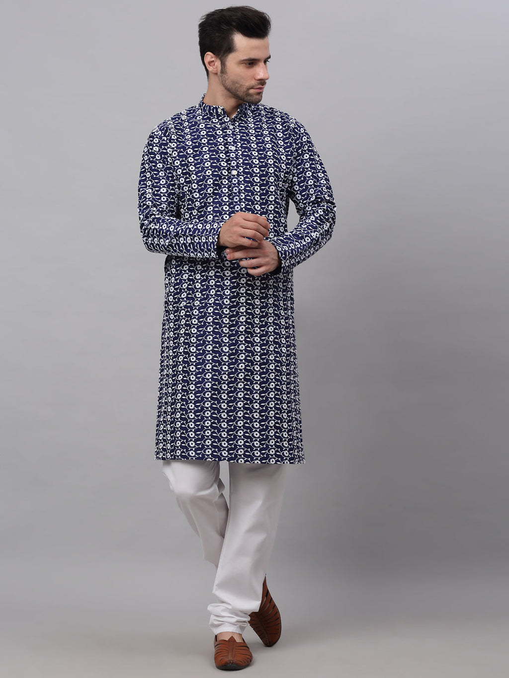 Jompers Men's Emroidered Kurta Payjama Sets - Navy Blue