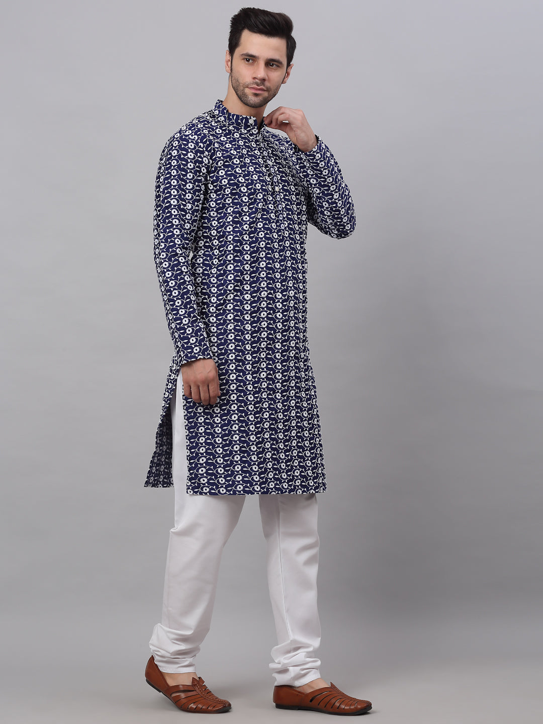 Jompers Men's Emroidered Kurta Payjama Sets - Navy Blue