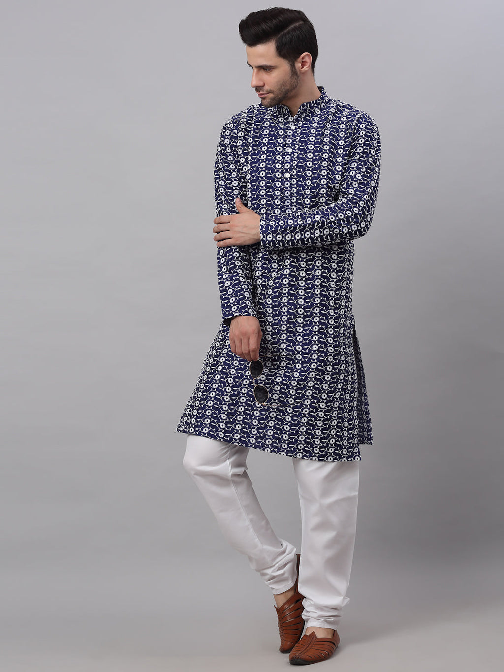 Jompers Men's Emroidered Kurta Payjama Sets - Navy Blue