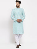 Jompers Men Turquoise Blue Embroidered Kurta with Pyjamas