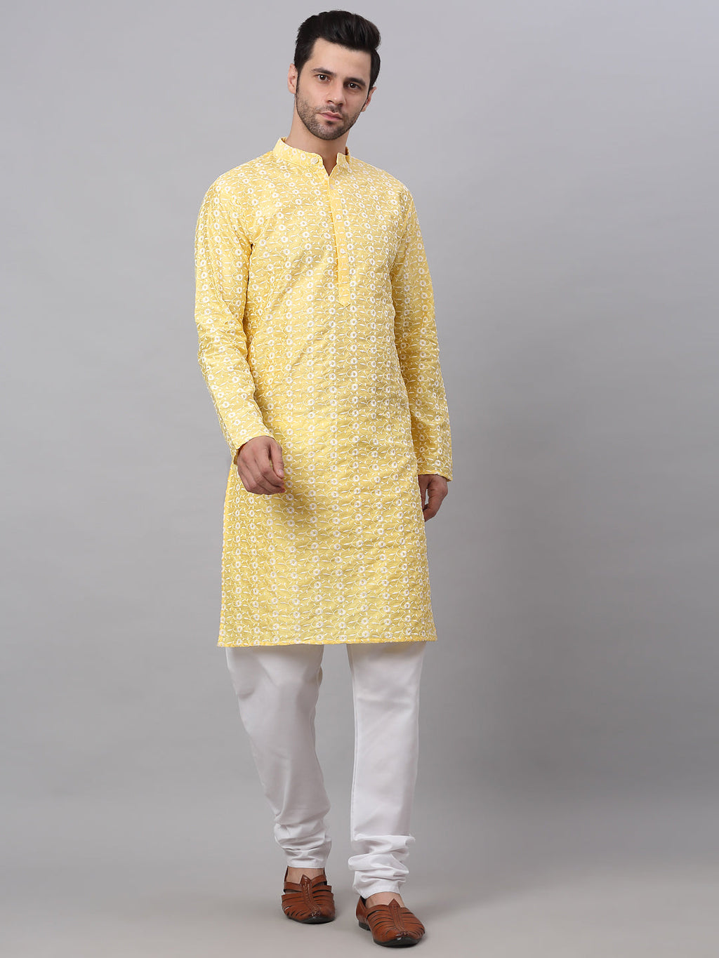 Jompers Men's Emroidered Kurta Payjama Sets - Yellow