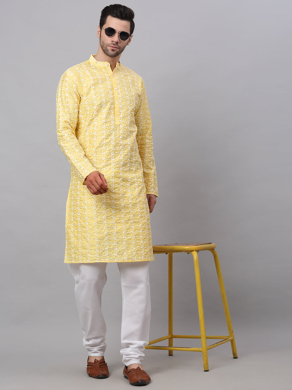 Jompers Men's Emroidered Kurta Payjama Sets - Yellow