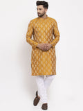 Jompers Men Mustard Yellow & White Jacquard Kurta with Churidar