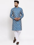 Jompers Men Blue Jacquard Kurta with Churidar