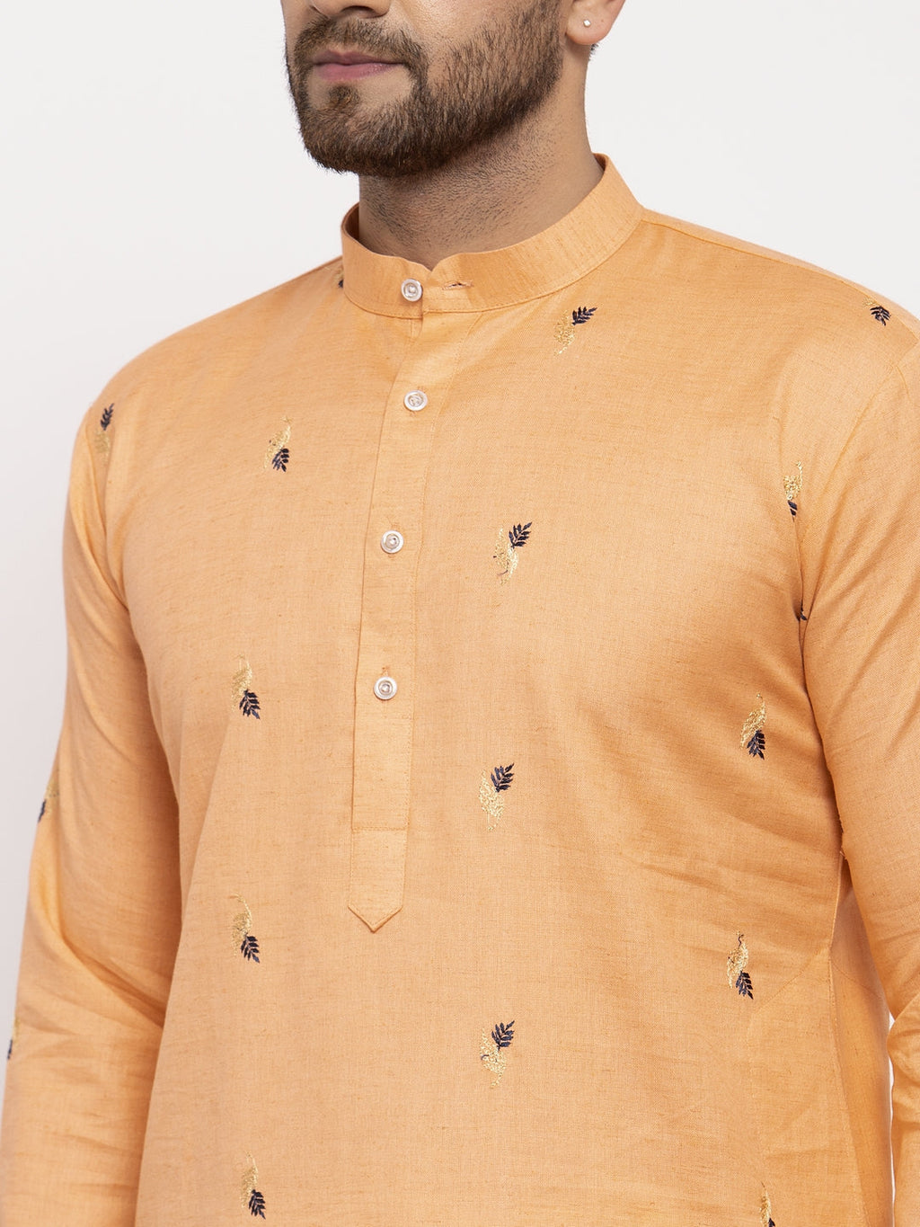 Jompers Men's Orange Printed Cotton Kurta Only