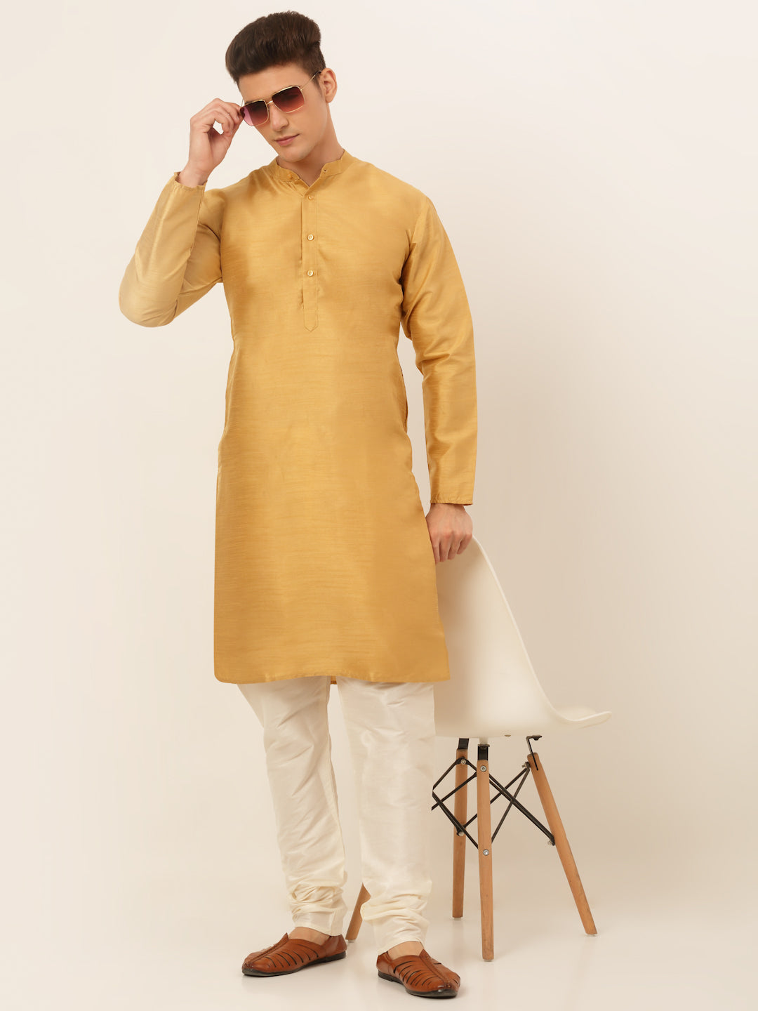 Jompers Men's Solid Dupion Silk Kurta Payjama Set - Dark-Golden