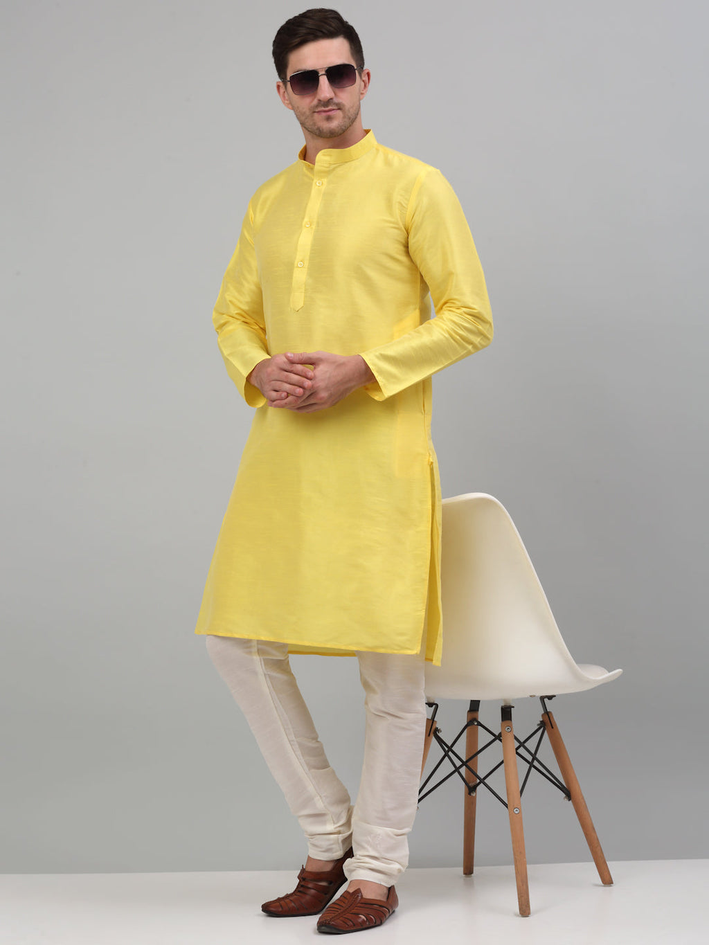Jompers Men's Lemon Yellow Dupion Silk Kurta with Churidar