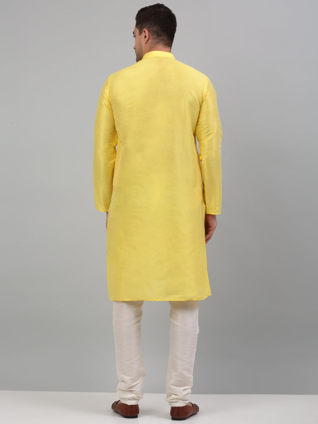 Jompers Men's Lemon Yellow Dupion Silk Kurta with Churidar