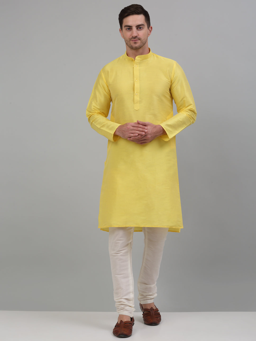 Jompers Men's Lemon Yellow Dupion Silk Kurta with Churidar