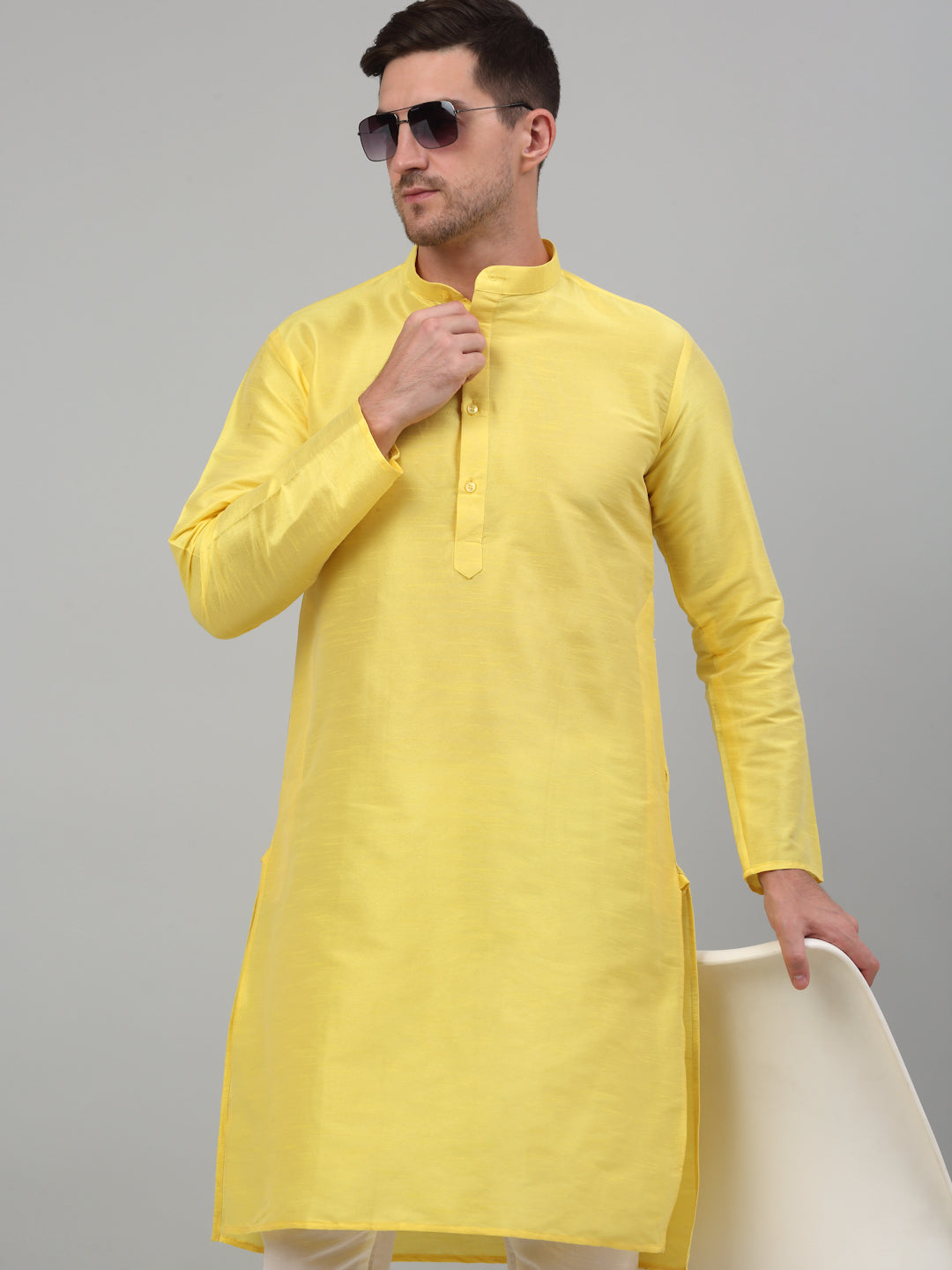 Jompers Men's Lemon Yellow Dupion Silk Kurta with Churidar
