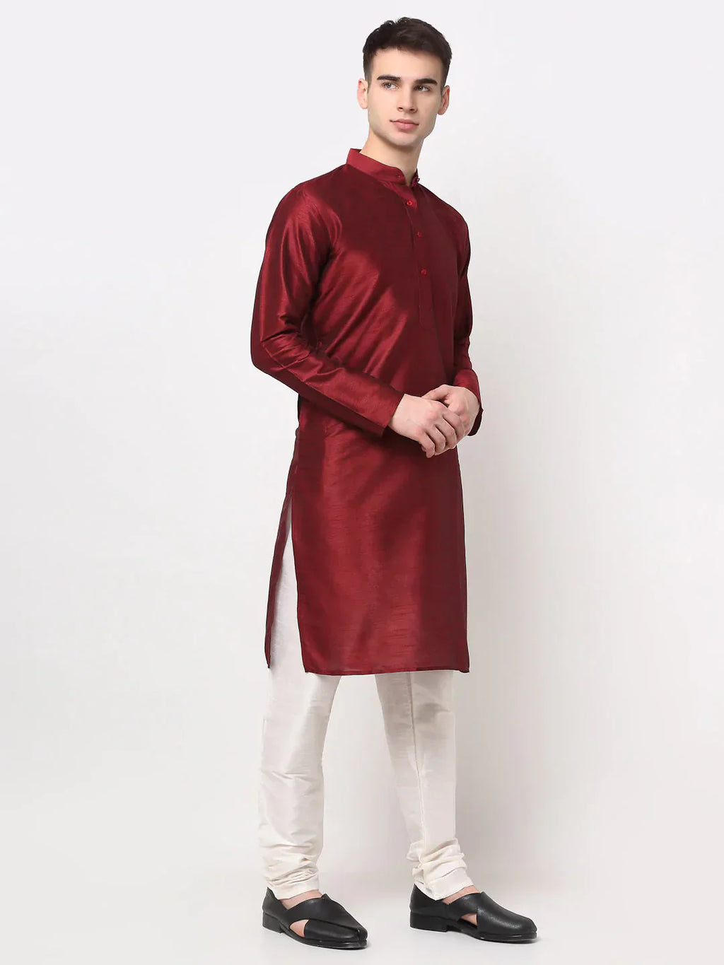 Jompers Men's Maroon Solid Dupion Silk Kurta Payjama Set