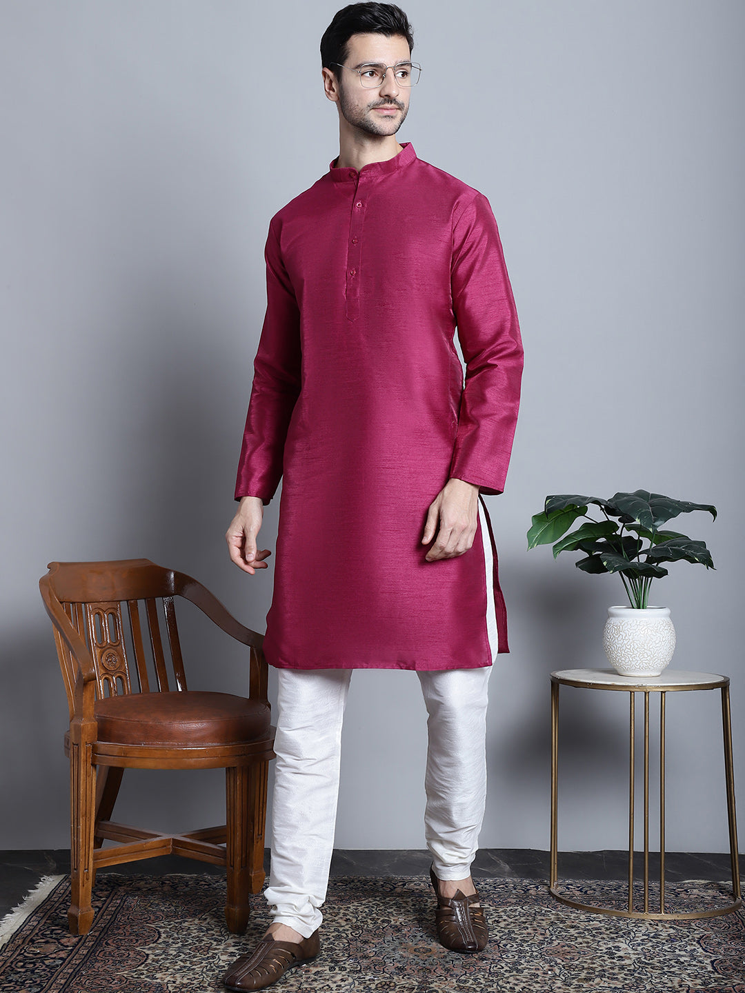 Jompers Men's Purple Dupion Silk Kurta with Churidar - Purple