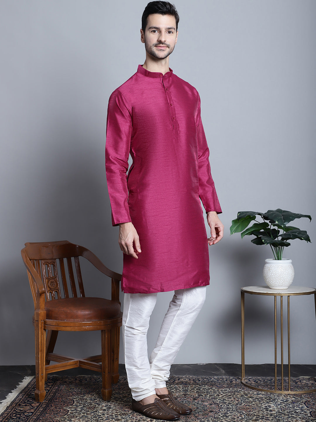 Jompers Men's Purple Dupion Silk Kurta with Churidar - Purple